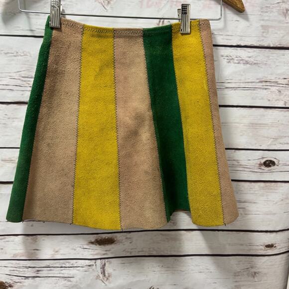 Vintage Suede Skirt Hippy Mod Scooter GoGo Leather 70s Micro Mini Patchwork XS 0 - Picture 3 of 11